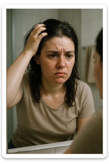 A realistic, cinematic portrait of a young woman in her late 20s sitting in front of a mirror, visibly frustrated. Her skin appears oily with a shiny forehead and cheeks, while her dark hair looks greasy and clumped, suggesting excessive sebum production. She lightly touches her scalp with concern while observing her reflection. Her expression is a mix of exhaustion and discomfort, emphasizing the emotional burden of these symptoms. The bathroom setting is softly lit with neutral daylight, reflecting a realistic environment. Subtle details such as small acne spots on the jawline and chin highlight androgen-related PCOS symptoms. Style: clean, detailed, 35mm realism with soft depth of field to keep focus on her expression and the greasy hair texture, while the background remains minimal to maintain emotional impact sticker