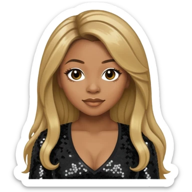 LaTavia Robeson with long dark blonde hair, black sequin outfit sticker