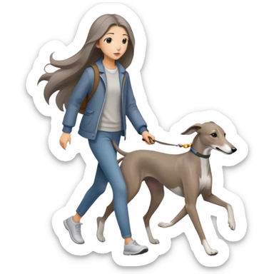 Japanese girl with flowing hair walking a solid grey greyhound with no white markings sticker