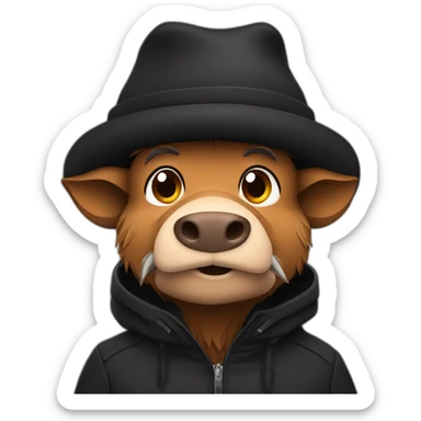 fullface wild tired brown boar with stubble in a black jacket and a black winter hat sticker