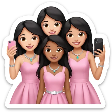 Just 3 besties with professional glammed up looks wearing pink and white, medium skin tone smiling big with black long hair. Very girly wearing jewelry, taking a selfie  sticker