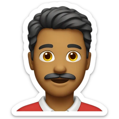 young man with a mustache and a red polo shirt with a yellow collar sticker