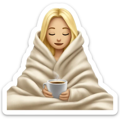 Blonde girl inside a blanket sipping coffee eyes closed sticker