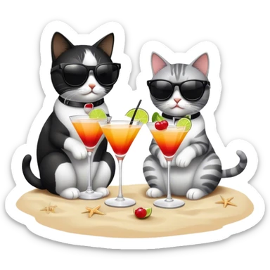 two cats black and white drinking cocktails on the beach sticker