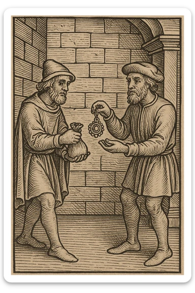 Сгенерируй мне гравюру, как в средневековье один мужчина дает другому мешочек, а другой украшение другому, они торгуют sticker