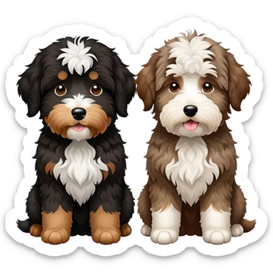 2 dogs: one light brown Aussiedoodle, one all-black Bernedoodle with white eyebrows. Both same size. sticker