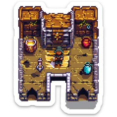 8-bit NES game mockup, pixel art style, top-down adventure scene with a dungeon, hero, and treasure sticker