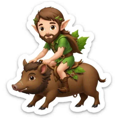 tiny forest elf man long brown hair beard riding baby boar sticker