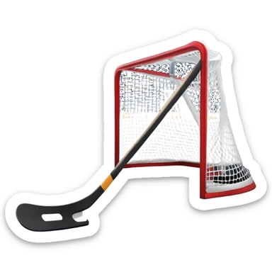 An icon showing a close-up of a hockey stick, puck, skates, and hockey net placed on the ice. The background features a packed stadium with bright lights, cheering fans, and snowy scenery outside. Transparent background highlights the key elements of the game. sticker