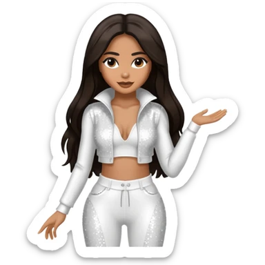 Ciara with long dark brown hair, white sequin outfit sticker