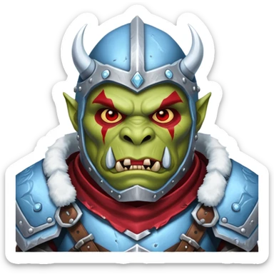 
Fantasy Christmas orc legion soldier icon, iron tundra army theme, heavy winter armor, disciplined brutal look, icy blue steel armor with deep crimson accents, frozen metal texture, cold winter atmosphere, male variant sticker