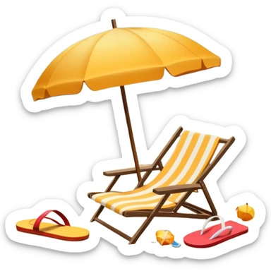 Icon for Beach Tourism: a sunny beach with the sea and waves, a lounge chair, a sun umbrella, and flip-flops on the sandy shore. The background should be a clear, vibrant ocean view with the sun shining brightly. Transparent background. sticker