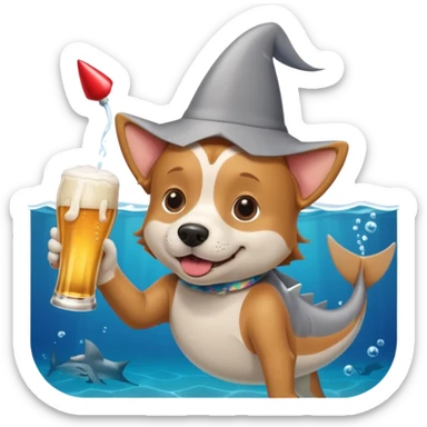 Dog drinking a beer in a fancy glass while swimming with a shark sticker