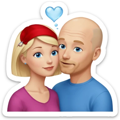 middle aged bald man with salt and blonde scruff, blue eyes and short haired blonde woman with blue eyes kissing each other sticker
