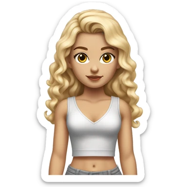 hyperrealistic caucasian blonde, long straight hair curled on ends falling in her eyes, white deep v-neck crop tanktop, gray tight mini skirt, walking body view sticker
