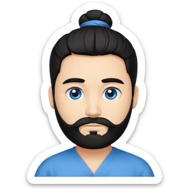 Man with a beard, blue eyes, and black hair tied in a bun sticker