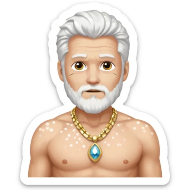 Odin with white hair, white sequin loincloth, shirtless with necklace sticker