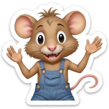 disheveled dizzy cartoon hillbilly rat wearing overalls no shirt. standing and talking full body. human eyes. teeth showing talking. walking talking moving arms. reacting sticker