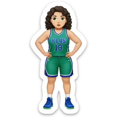 full body plus size light skin latino women basketball player with wavy dark hair large wide nose wearing blue with green uniform sticker