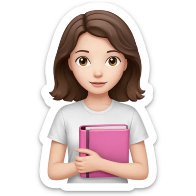 pale brunette woman with shoulder-length wavy brunette hair, wearing a white t-shirt, holding a pink Bible sticker