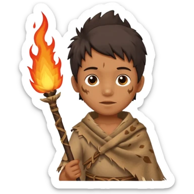 ancient boy, tattered animal skin cloth, hold fire stick sticker