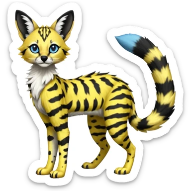 Edgy cool beautiful elegant spotted hype-realistic, black-maned, vibrant yellow Genet-Serval-Sergal-Margay-Fox-fusion-hybrid-furry-fursona, full body, with a long puffy fluffy black-and-white-striped tail, black long big ears, with natural blue eyes sticker