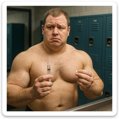 realistic inexperienced bodybuilder in front of mirror holding syringe of testosterone and pill of aromatase inhibitor, doubtful expression, swollen muscles but puffy face, locker room background, 4K quality sticker