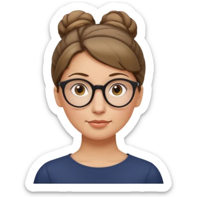 femme de 38 ans avec des cheveux blond foncé sans mèche devant, un chignon haut, yeux bruns, lunettes rondes, visage ovale sticker