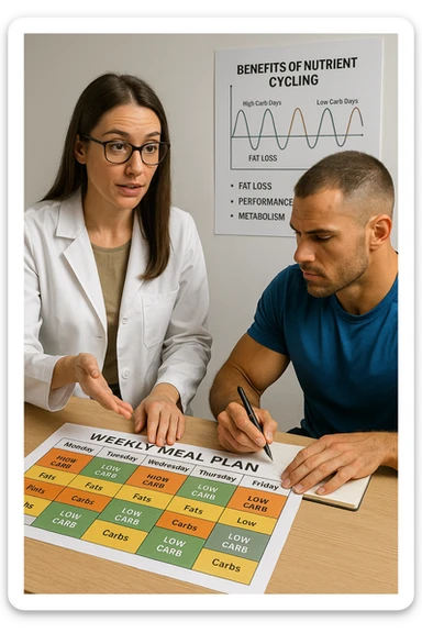 a nutritionist explains to an athlete how to cycle macronutrients for fat loss and training. On the desk, a weekly meal planner shows alternating high-carb and low-carb days, with color-coded sections for proteins, fats, and carbs. The athlete takes notes, and a chart in the background illustrates the benefits of nutrient cycling. The mood is professional and educational. scritto in italiano sticker