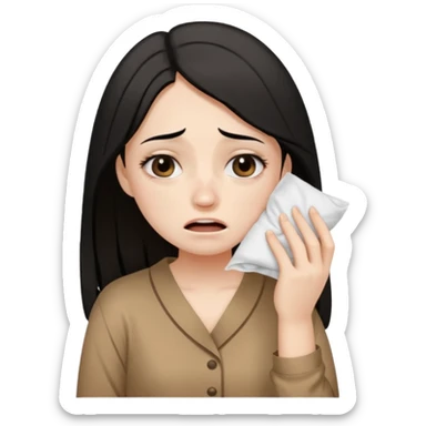 a pretty bratz fair girl wearing a brown pajamas, dark circles, crying, holding tissues. black hair sticker