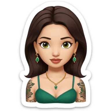 pretty bratz genmoji that looks like tamannah bhatia (bollywood actress), wearing a dark green sweetheart neckline top, dark brown hair, light makeup, no necklace, dangly earrings, side hair part, dark brown eyes, with full tattoos and neck tattoo big sticker