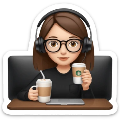 A girl with shoulder-length brown straight hair, wearing black-rimmed glasses, light skin, brown eyes, and black Marshall headphones, drinking a cappuccino. She is a social media manager, so include visual elements like a phone with social media apps or a laptop with analytics. sticker