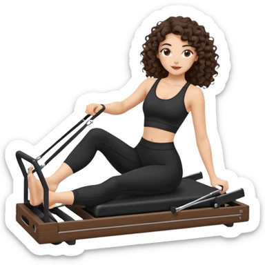 brunette,curly hair shoulder length,turkish,beautiful,with some eyelined eyes, 3b girl doing reformer pilates with black pilates cutesy set,on reformer machine,making different moves.just one person sticker