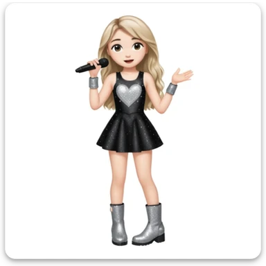 Sabrina carpenter singing at a concert wearing a black sparkly mini dress with silver at the end, with silver sparkly boots with heart cut out on the side sticker