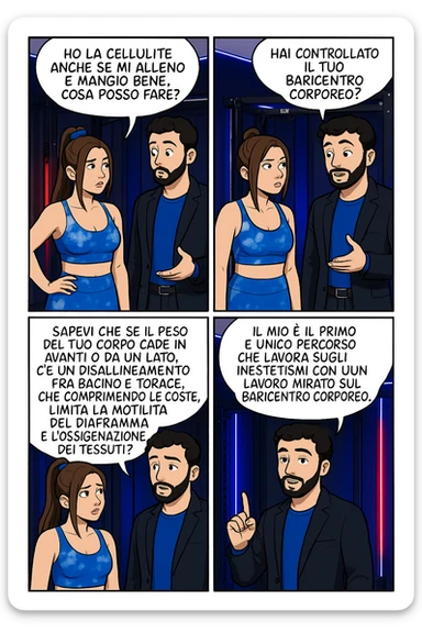 TRASFORMA QUESTO CAROSELLO IN UN FUMETTO CON QUESTE DUE PERSONE IDENTICHE CHE INTERLOQUISCONO TRA LORO:

LEI: Ho la cellulite anche se mi alleno e mangio bene, cosa posso fare?

LUI: Hai controllato il tuo baricentro corporeo?
LUI: Sapevi che se il peso del tuo corpo cade in avanti o da un lato, c’è un disallineamento fra bacino e torace, che comprimendo le coste, limita la motilità del diaframma e l’ossigenazione dei tessuti?
LUI: Il mio è il primo e unico percorso che lavora sugli inestetismi con un lavoro mirato sul baricentro corporeo. sticker