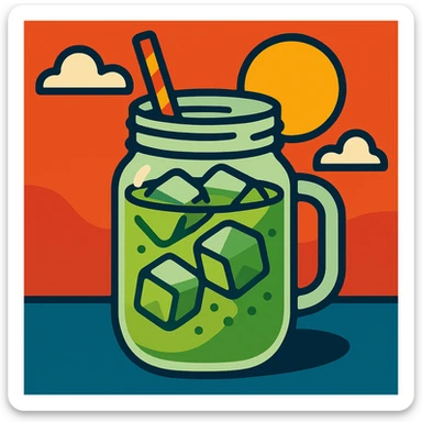 ice matcha latte in a mason jar, visible ice cubes, light green color, summer drink vibe sticker