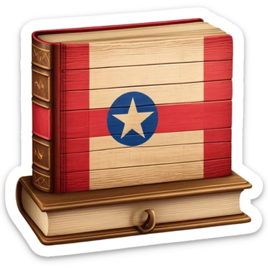 Elegant aged book with the Puerto Rican flag embossed on the cover, wooden theater stage symbol, vintage textured cover with warm wood and parchment tones, slightly glowing, representing the eternal legacy of scenic design in Puerto Rico sticker