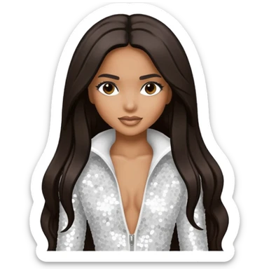 Ciara with long dark brown hair, white sequin outfit sticker