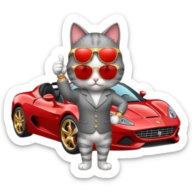 cat wearing sunglasses and a watch giving a thumbs up next to a fancy car sticker