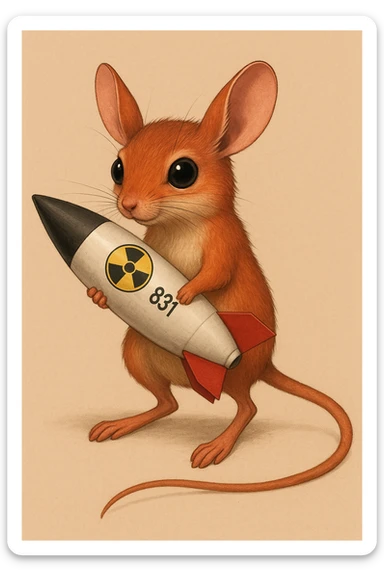 Сгенерируй красного тушканчика с ядерной бомбой в руках как на изображении. У тушканчика длинный хвост. На однородном фоне sticker