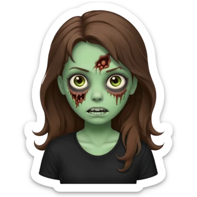 crie uma garotazoombie cabelo ondulado 2c longo castanho castanho comprido e blusa básica preta sem nada com pele esverdeada com rosto fofo  sticker