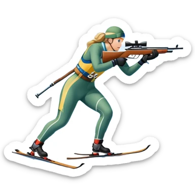 An icon featuring snow-covered trees, distant mountains, and a clear blue sky with a biathlete in motion, holding a rifle and skiing across a snowy course. Transparent background highlights the precision, endurance, and excitement of biathlon. sticker