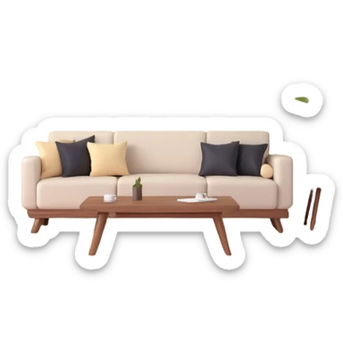 large open concept room with cream walls, wooden floor, cute decorative pillows, wooden furniture sticker