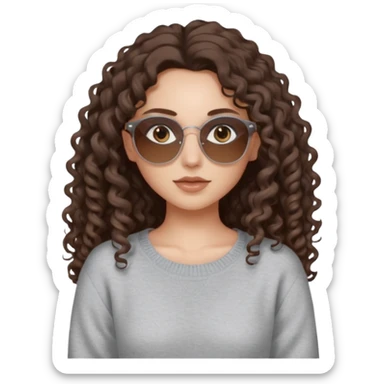 aesthetic white girl with dark brown, long curly hair, she wears a light grey sweater top and narrow round brown sun glasses and her eyes arent visible sticker