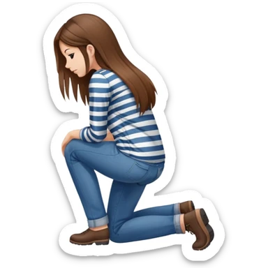 girl with long straight hair in jeans and striped shirt kneeling on the ground seen from behind sticker