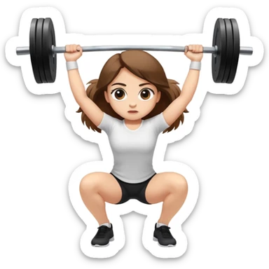 A girl with light skin, big eyes, long brown hair and wearing a white shirt is doing an overhead squat with a lot of weight on the barbell sticker