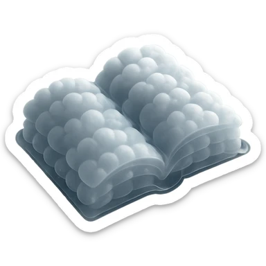 top view of a thick open book made entirely of small, very bright white fluffy convex clouds, matte glass style, emphasis on volume and airiness, no background sticker