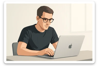 A modern and clear depiction of a man working on a MacBook, wearing glasses sticker