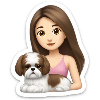 a asian girl in long brown hair sits with a white and brown shih tzu sticker