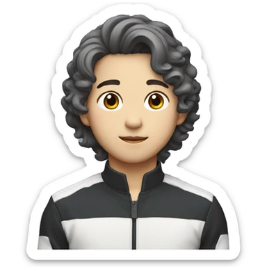 young guy with small wavy hair korean race suit with side profile sticker